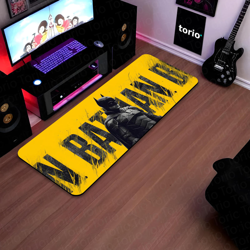Batman Superhero Bedside Runner Flat Rug | Dark Knight Yellow Bedroom Runner for DC Fan Room Decor