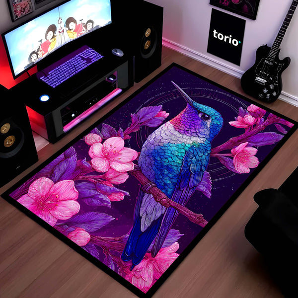 Vibrant Hummingbird Floral Floor Mat (3 mm Thick) | Aesthetic Bird Art Area Mat for Modern Bedroom & Artistic Home Decor