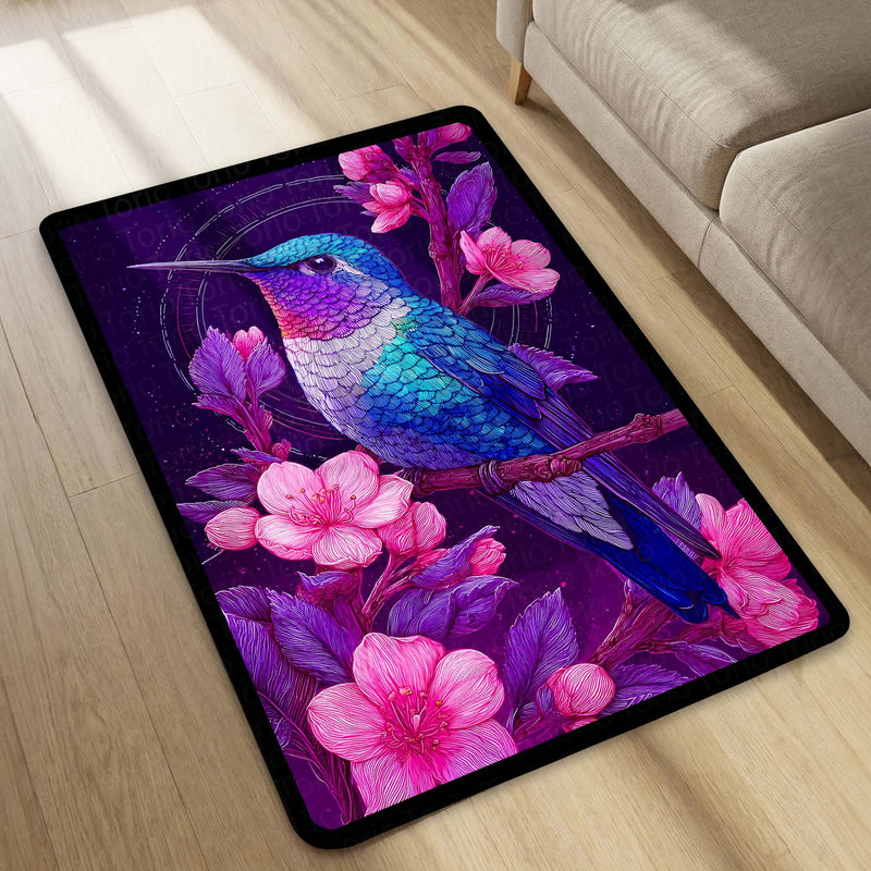 Vibrant Hummingbird Floral Floor Mat (3 mm Thick) | Aesthetic Bird Art Area Mat for Modern Bedroom & Artistic Home Decor