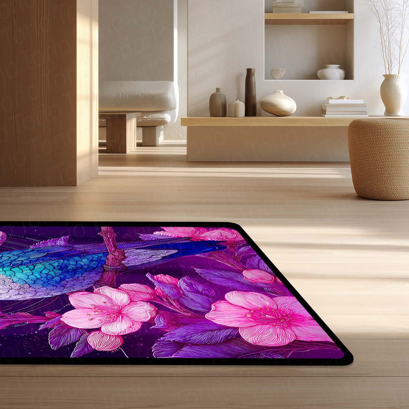 Vibrant Hummingbird Floral Floor Mat (3 mm Thick) | Aesthetic Bird Art Area Mat for Modern Bedroom & Artistic Home Decor