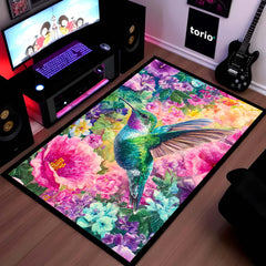 Vibrant Hummingbird Floral Floor Mat (3 mm Thick) | Aesthetic Bird Art Area Mat for & Modern Bedroom Artistic Home Decor 01