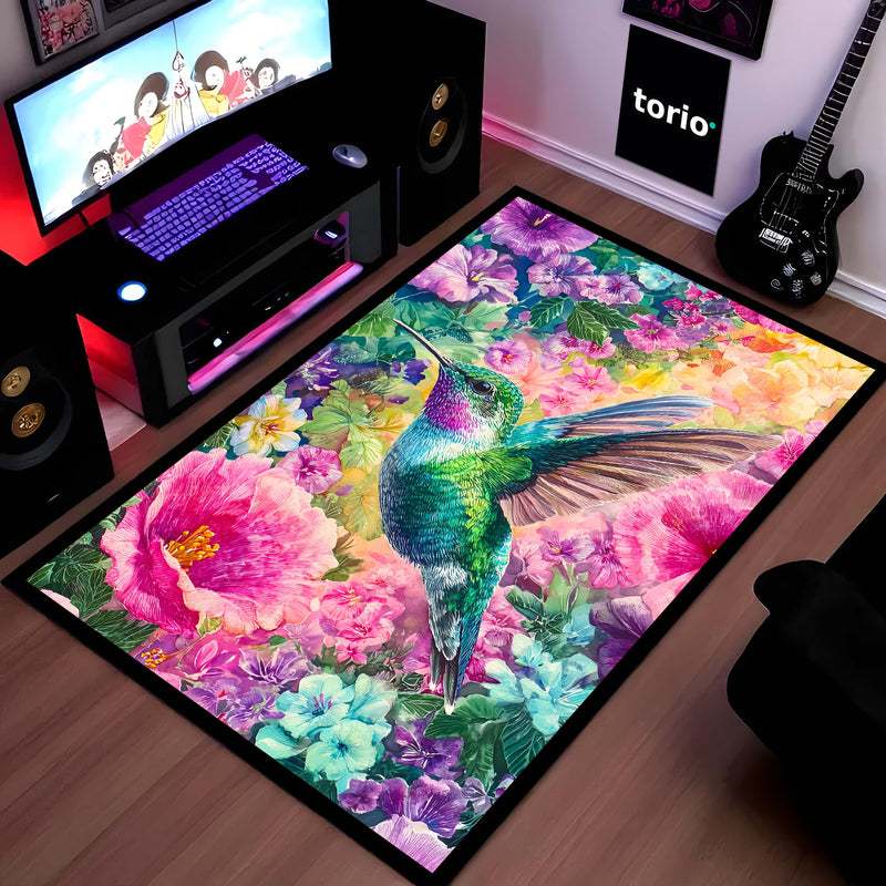Vibrant Hummingbird Floral Floor Mat (3 mm Thick) | Aesthetic Bird Art Area Mat for & Modern Bedroom Artistic Home Decor 01