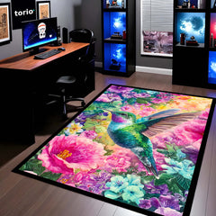Vibrant Hummingbird Floral Floor Mat (3 mm Thick) | Aesthetic Bird Art Area Mat for & Modern Bedroom Artistic Home Decor 01