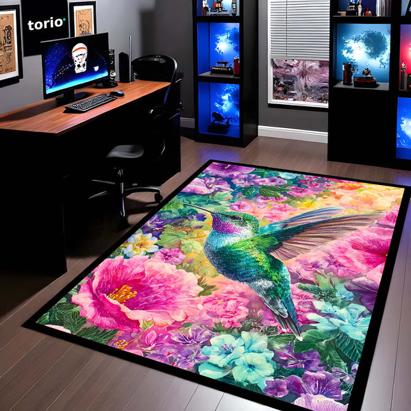 Vibrant Hummingbird Floral Floor Mat (3 mm Thick) | Aesthetic Bird Art Area Mat for & Modern Bedroom Artistic Home Decor 01