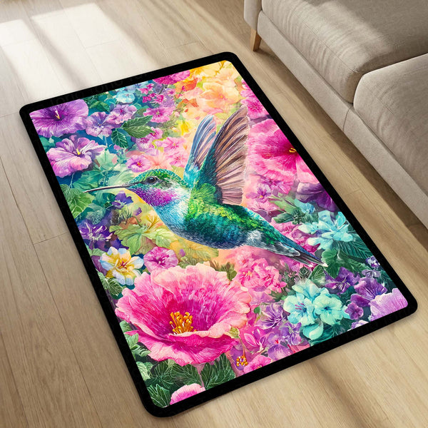Vibrant Hummingbird Floral Floor Mat (3 mm Thick) | Aesthetic Bird Art Area Mat for & Modern Bedroom Artistic Home Decor 01