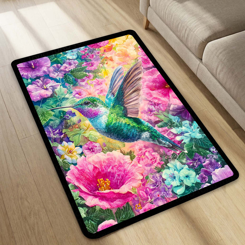 Vibrant Hummingbird Floral Floor Mat (3 mm Thick) | Aesthetic Bird Art Area Mat for & Modern Bedroom Artistic Home Decor 01