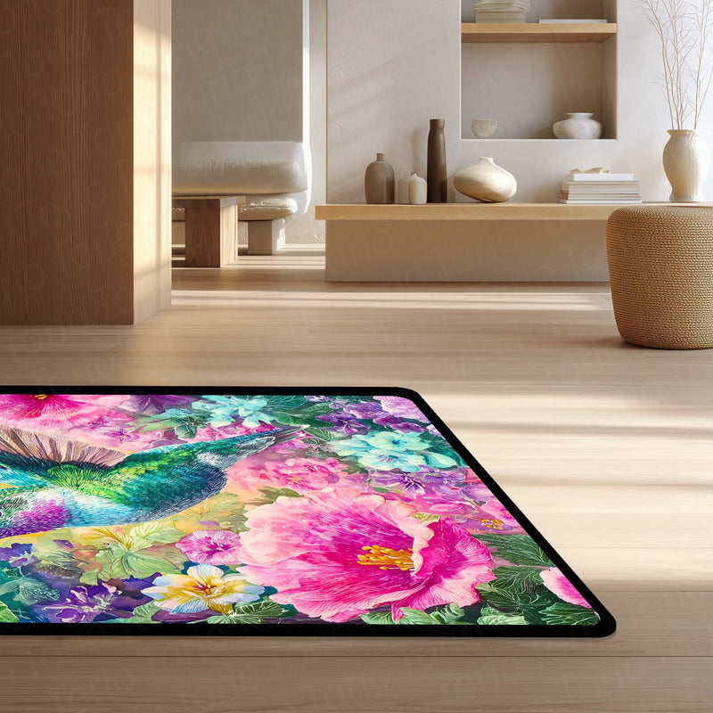 Vibrant Hummingbird Floral Floor Mat (3 mm Thick) | Aesthetic Bird Art Area Mat for & Modern Bedroom Artistic Home Decor 01