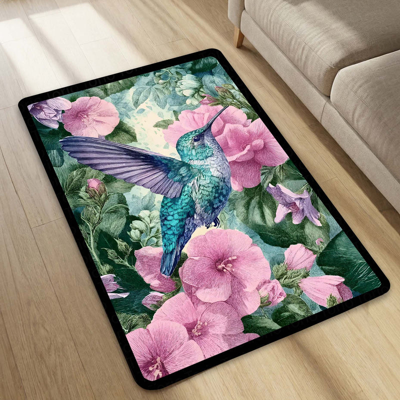 Vibrant Hummingbird Floral Floor Mat (3 mm Thick) | Aesthetic Bird Art Area Mat for & Modern Bedroom Artistic Home Decor 02