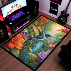 Vibrant Hummingbird Floral Floor Mat (3 mm Thick) | Aesthetic Bird Art Area Mat for & Modern Bedroom Artistic Home Decor 03