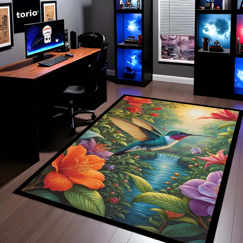 Vibrant Hummingbird Floral Floor Mat (3 mm Thick) | Aesthetic Bird Art Area Mat for & Modern Bedroom Artistic Home Decor 03