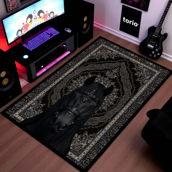 Black Royal Horse Area Rug | Luxury Persian Style Floor Mat Carpet | Dark Aesthetic Horse Rug for Bedroom, Living Room & Premium Home Decor