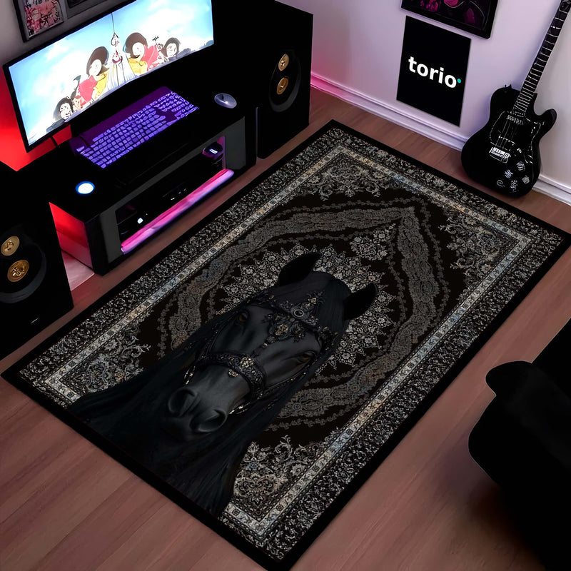 Black Royal Horse Area Rug | Luxury Persian Style Floor Mat Carpet | Dark Aesthetic Horse Rug for Bedroom, Living Room & Premium Home Decor