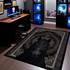 Black Royal Horse Area Rug | Luxury Persian Style Floor Mat Carpet | Dark Aesthetic Horse Rug for Bedroom, Living Room & Premium Home Decor