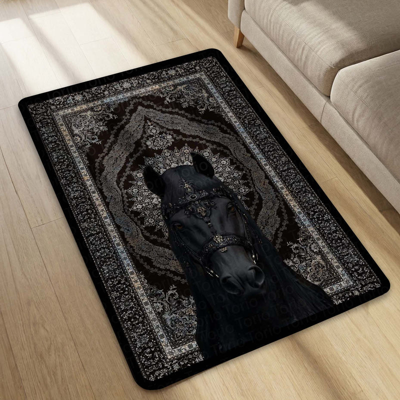 Black Royal Horse Area Rug | Luxury Persian Style Floor Mat Carpet | Dark Aesthetic Horse Rug for Bedroom, Living Room & Premium Home Decor