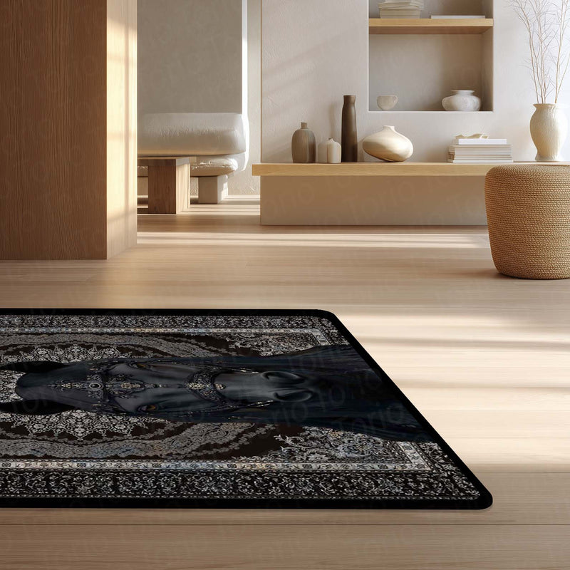 Black Royal Horse Area Rug | Luxury Persian Style Floor Mat Carpet | Dark Aesthetic Horse Rug for Bedroom, Living Room & Premium Home Decor