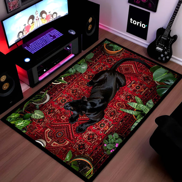 Black Panther Persian Style Area Rug | Luxury Animal Floor Mat Carpet | Dark Aesthetic Wild Cat Rug for Bedroom, Living Room & Premium Home Decor