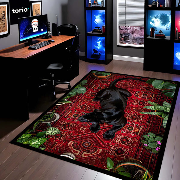 Black Panther Persian Style Area Rug | Luxury Animal Floor Mat Carpet | Dark Aesthetic Wild Cat Rug for Bedroom, Living Room & Premium Home Decor