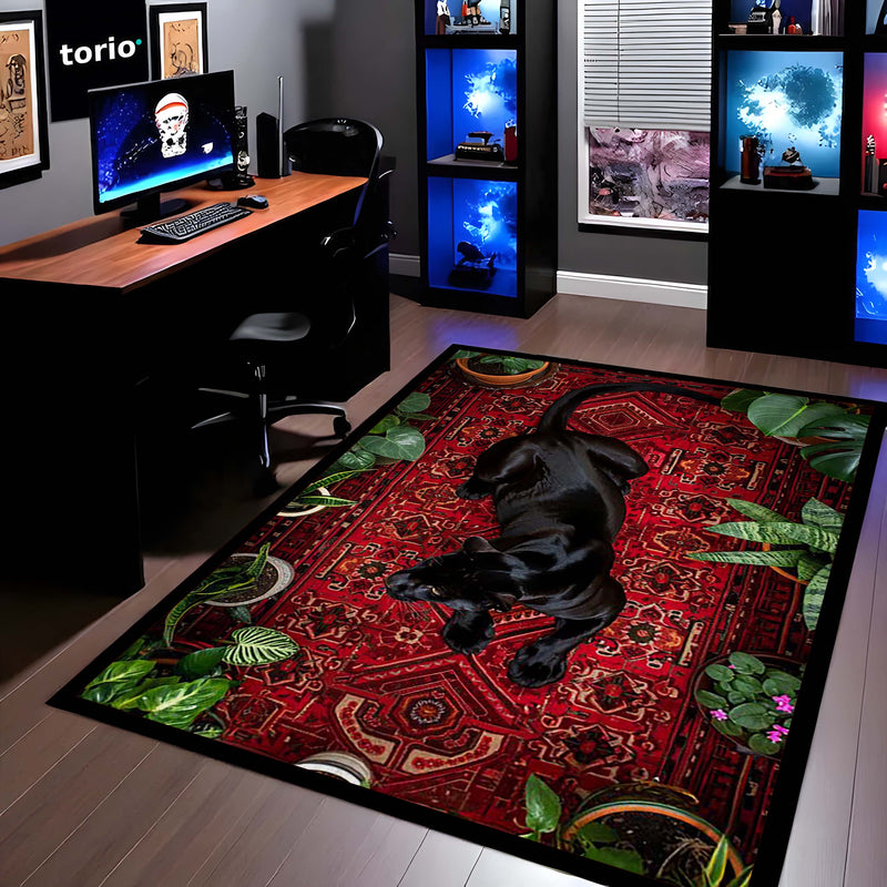 Black Panther Persian Style Area Rug | Luxury Animal Floor Mat Carpet | Dark Aesthetic Wild Cat Rug for Bedroom, Living Room & Premium Home Decor