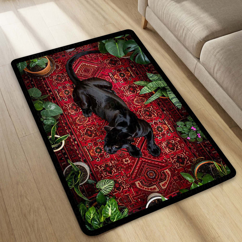 Black Panther Persian Style Area Rug | Luxury Animal Floor Mat Carpet | Dark Aesthetic Wild Cat Rug for Bedroom, Living Room & Premium Home Decor