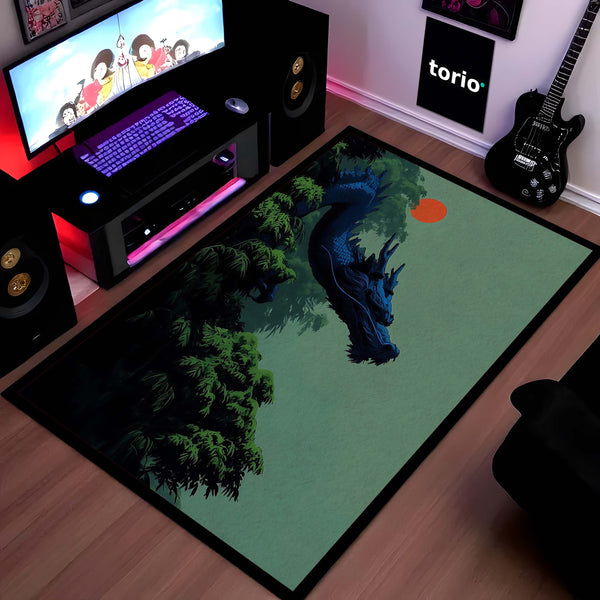 Japanese Blue Dragon Area Rug | Mythical Dragon Floor Mat | Aesthetic Oriental Art Rug for Bedroom, Gaming Room & Modern Home Decor