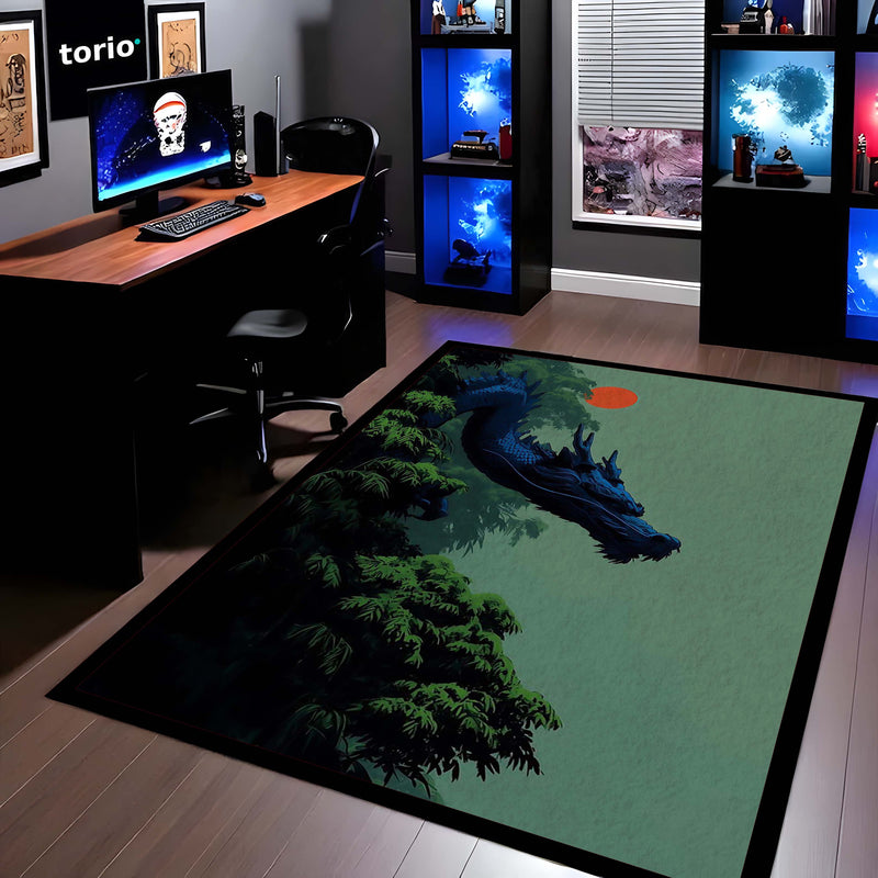 Japanese Blue Dragon Area Rug | Mythical Dragon Floor Mat | Aesthetic Oriental Art Rug for Bedroom, Gaming Room & Modern Home Decor