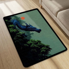 Japanese Blue Dragon Area Rug | Mythical Dragon Floor Mat | Aesthetic Oriental Art Rug for Bedroom, Gaming Room & Modern Home Decor