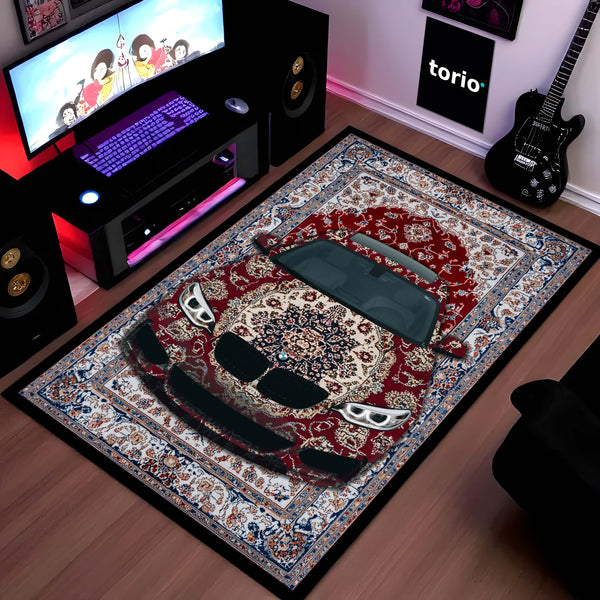 BMW M3 Front View Floor Mat | Red Persian Carpet Style Luxury Sports Car Rug | Anti-Slip 3mm Absorbent Automotive Design Mat for Home, Office & Studio