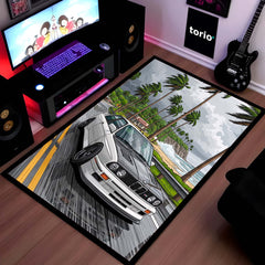 BMW E34 M5 Coastal Drive Area Flat Rug | Classic BMW Sports Car Beach Road Floor Decor | Premium Automotive Area Flat Rug