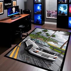 BMW E34 M5 Coastal Drive Area Flat Rug | Classic BMW Sports Car Beach Road Floor Decor | Premium Automotive Area Flat Rug