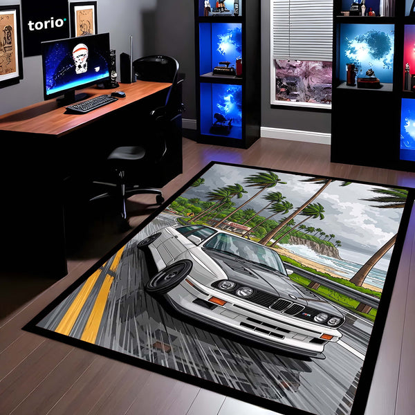 BMW E34 M5 Coastal Drive Area Flat Rug | Classic BMW Sports Car Beach Road Floor Decor | Premium Automotive Area Flat Rug