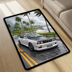 BMW E34 M5 Coastal Drive Area Flat Rug | Classic BMW Sports Car Beach Road Floor Decor | Premium Automotive Area Flat Rug