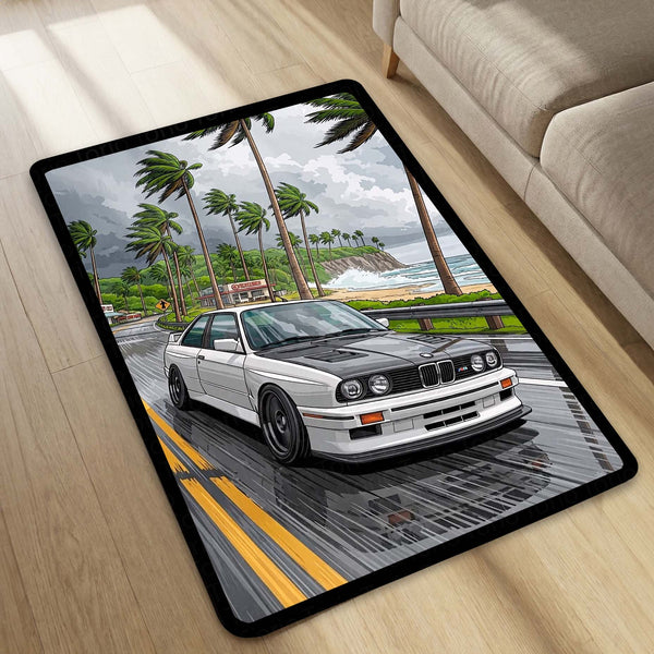 BMW E34 M5 Coastal Drive Area Flat Rug | Classic BMW Sports Car Beach Road Floor Decor | Premium Automotive Area Flat Rug