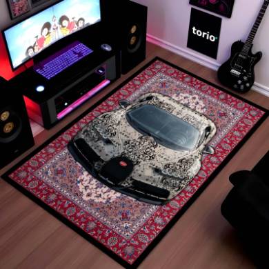 Bugatti Chiron Front View Floor Mat | Persian Carpet Style Hypercar Luxury Rug | Anti-Slip 3mm Absorbent Supercar Design Mat for Home, Office & Studio