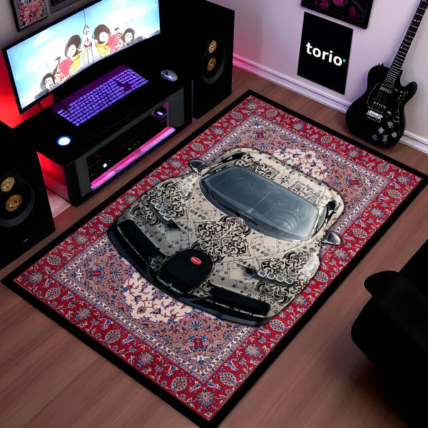 Bugatti Chiron Front View Floor Mat | Persian Carpet Style Hypercar Luxury Rug | Anti-Slip 3mm Absorbent Supercar Design Mat for Home, Office & Studio