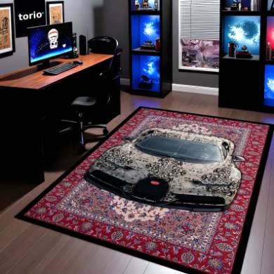 Bugatti Chiron Front View Floor Mat | Persian Carpet Style Hypercar Luxury Rug | Anti-Slip 3mm Absorbent Supercar Design Mat for Home, Office & Studio