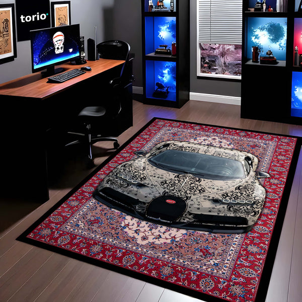 Bugatti Chiron Front View Floor Mat | Persian Carpet Style Hypercar Luxury Rug | Anti-Slip 3mm Absorbent Supercar Design Mat for Home, Office & Studio