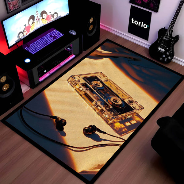 Vintage Cassette Tape Area Rug | Retro Music Floor Mat | Aesthetic 90s Nostalgia Rug for Bedroom, Gaming Room & Studio Decor