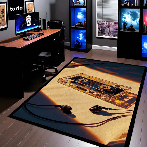 Vintage Cassette Tape Area Rug | Retro Music Floor Mat | Aesthetic 90s Nostalgia Rug for Bedroom, Gaming Room & Studio Decor