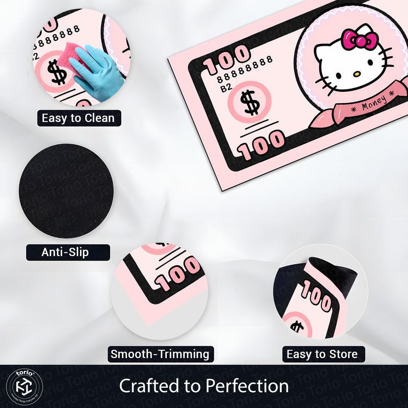 Hello Kitty Money Note Flat Rug | Cute Pink Currency-Inspired Bedroom Rug for Kawaii Room & Gaming Decor