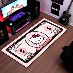Hello Kitty Money Note Flat Rug | Cute Pink Currency-Inspired Bedroom Rug for Kawaii Room & Gaming Decor