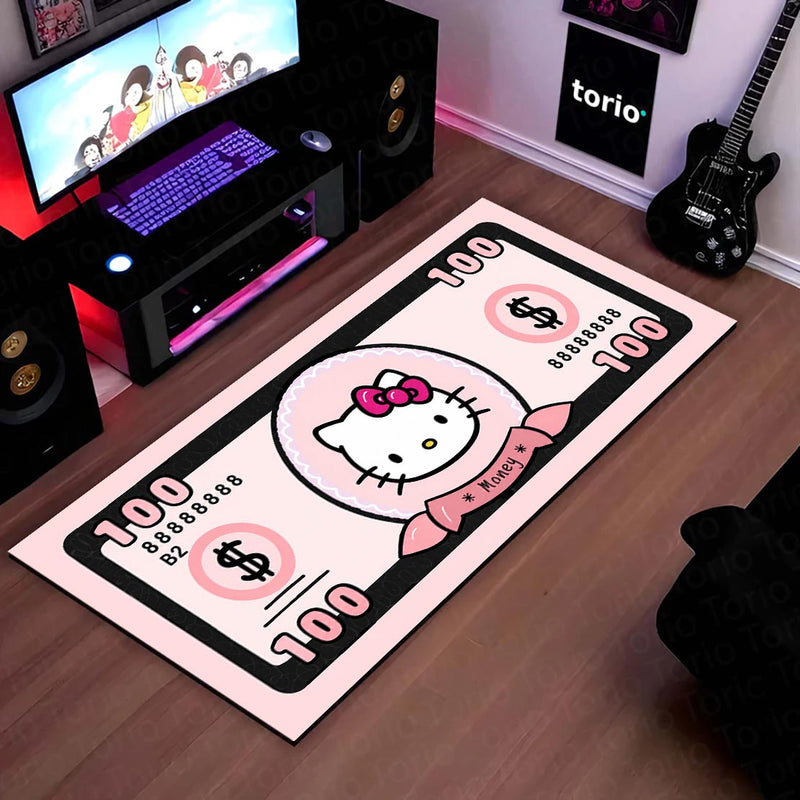 Hello Kitty Money Note Flat Rug | Cute Pink Currency-Inspired Bedroom Rug for Kawaii Room & Gaming Decor