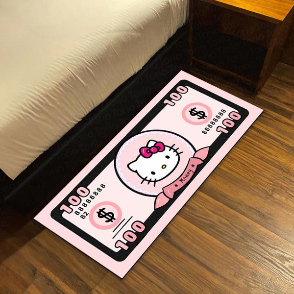 Hello Kitty Money Note Flat Rug | Cute Pink Currency-Inspired Bedroom Rug for Kawaii Room & Gaming Decor