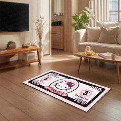Hello Kitty Money Note Flat Rug | Cute Pink Currency-Inspired Bedroom Rug for Kawaii Room & Gaming Decor