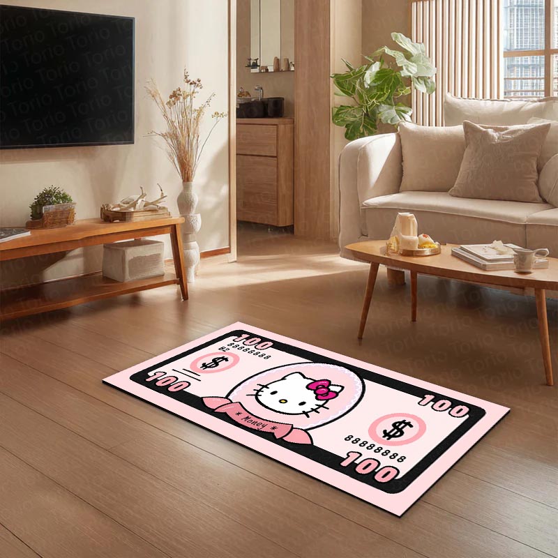 Hello Kitty Money Note Flat Rug | Cute Pink Currency-Inspired Bedroom Rug for Kawaii Room & Gaming Decor
