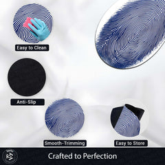 Blue Fingerprint Shape Flat Rug | Minimal Abstract Oval Area Rug | Modern Biometric Line Art Floor Rug for Living Room, Bedroom & Office