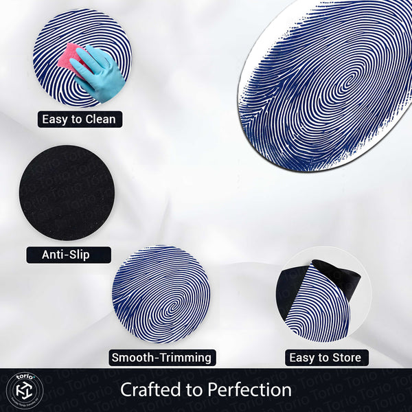 Blue Fingerprint Shape Flat Rug | Minimal Abstract Oval Area Rug | Modern Biometric Line Art Floor Rug for Living Room, Bedroom & Office