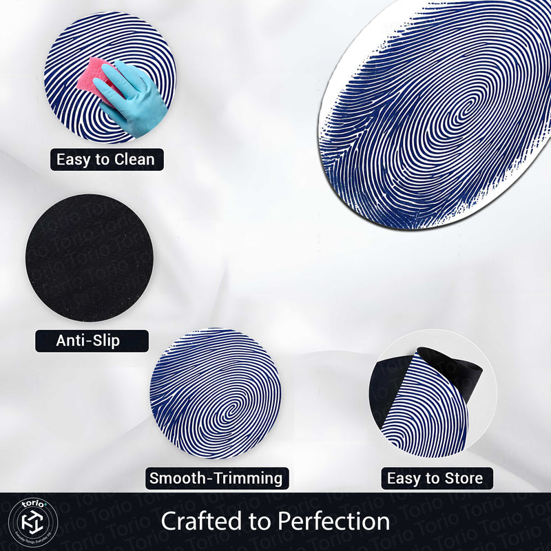 Blue Fingerprint Shape Flat Rug | Minimal Abstract Oval Area Rug | Modern Biometric Line Art Floor Rug for Living Room, Bedroom & Office