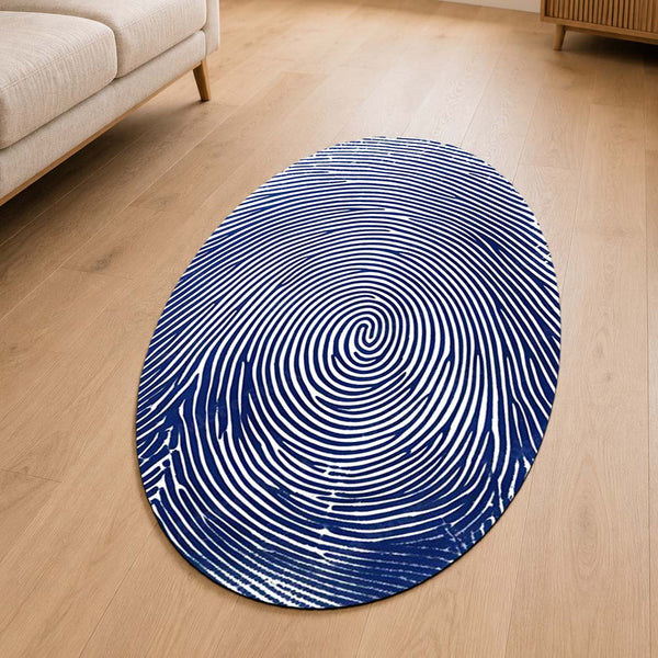 Blue Fingerprint Shape Flat Rug | Minimal Abstract Oval Area Rug | Modern Biometric Line Art Floor Rug for Living Room, Bedroom & Office