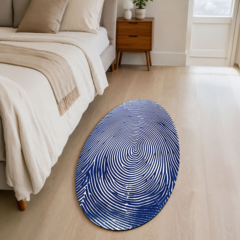 Blue Fingerprint Shape Flat Rug | Minimal Abstract Oval Area Rug | Modern Biometric Line Art Floor Rug for Living Room, Bedroom & Office
