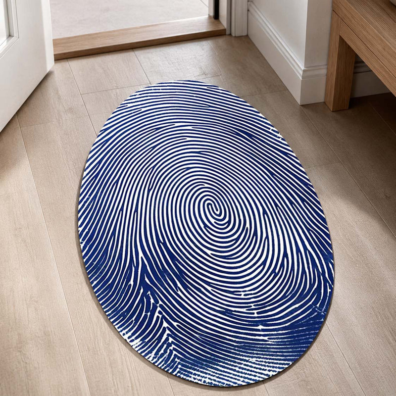 Blue Fingerprint Shape Flat Rug | Minimal Abstract Oval Area Rug | Modern Biometric Line Art Floor Rug for Living Room, Bedroom & Office